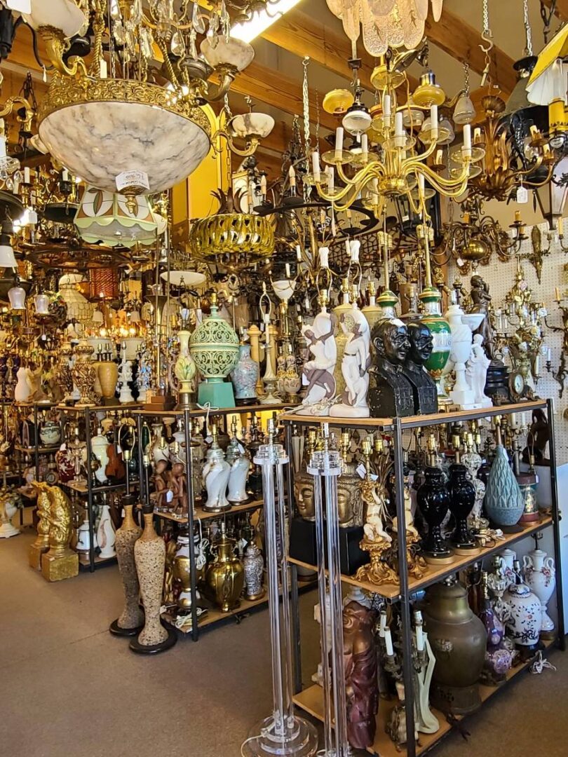 Antique lighting store packed with chandeliers